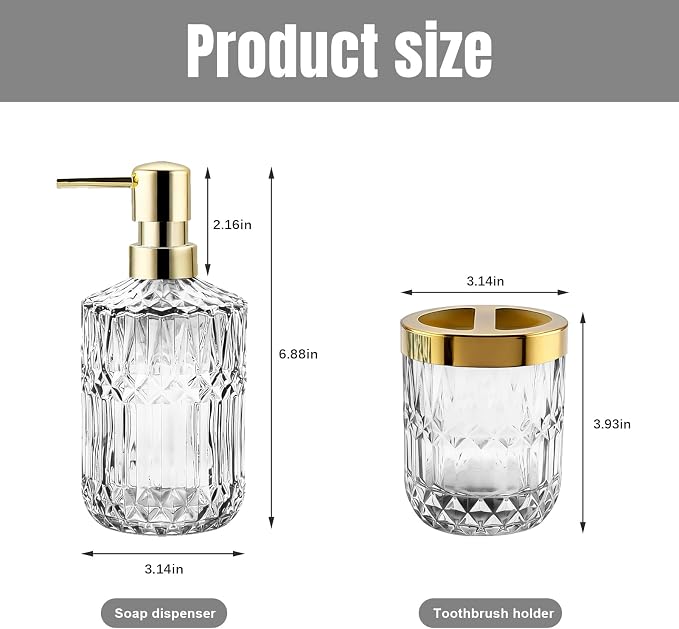 2Pcs White Bathroom Accessories Set, Glass Bathroom Accessories, Vintage Bathroom Countertop Decoration Includes Soap Dispenser, Toothbrush Holder