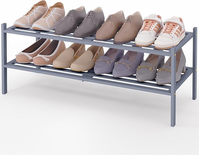 Smiry Long Bamboo Shoe Rack 2-Tier, Stackable Wooden Shoe Organizer for Entryway & Closet, Free Standing Wood Shoe Storage Shelf for Front Door & Small Spaces, Grey