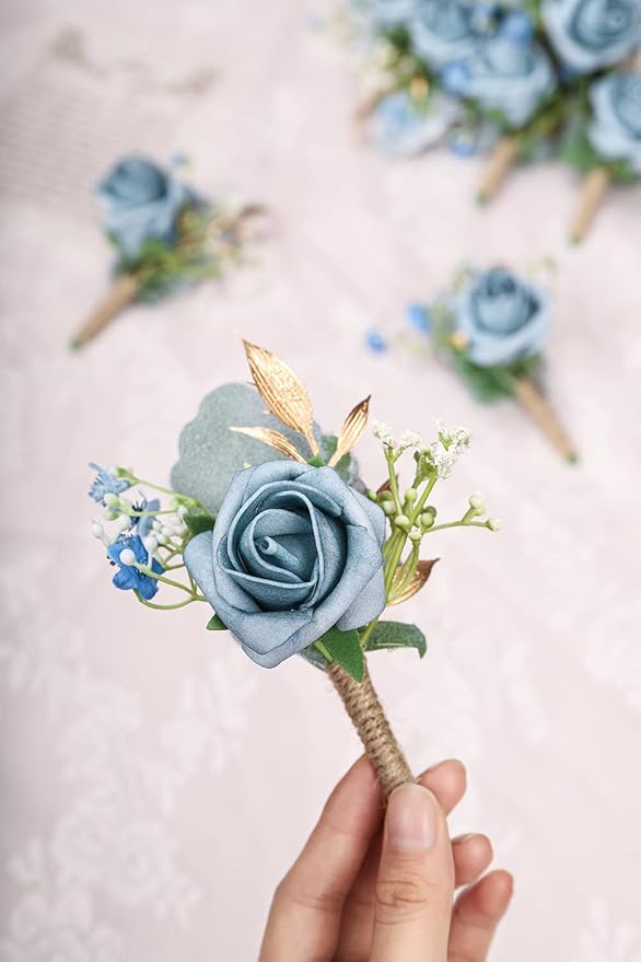 Rose Boutonnieres for Men Wedding Groom and Groomsmen Boutonniere for Rustic Fall Vintage Wedding Prom, Dusty Blue,Set of 10