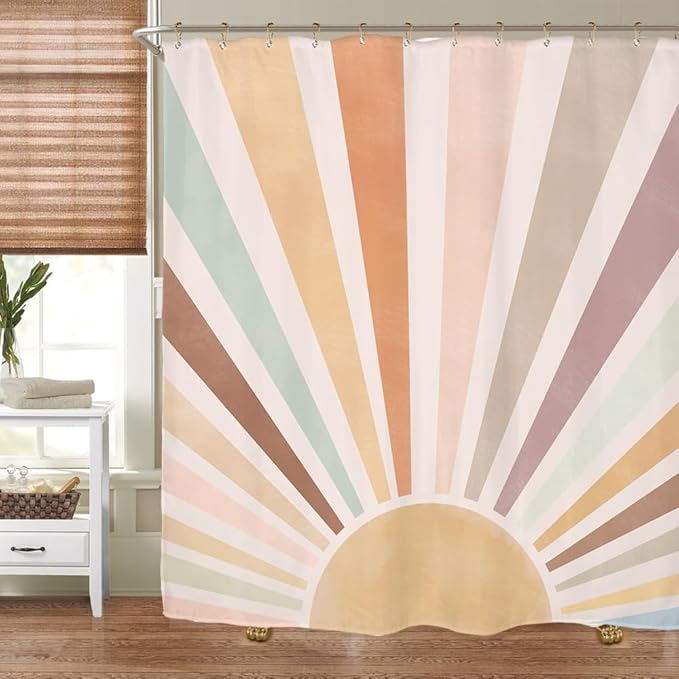 Miyotaa Sun Rainbow Retro Shower Curtain Set 71Wx71H Inches Minimalist Art Colorful Pastel Girls Abstract Colorful Aesthetic Vintage Polyester Waterproof Bathroom Curtain with 12 Hooks