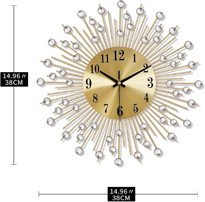Large Wall Clocks for Living Room Decor Modern Gold Silent Wall Clock Battery Operated Non-Ticking for Bedroom Kitchen Home Decorative 14 Inch Round Metal Crystal Wall Watch for Office