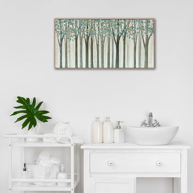 VEAEE Framed Birch Tree Wall Art - Living Room Wall Decor, Abstract Nature Forest Landscape Canvas Pictures, Teal Trees Paintings - Scenic Picture and Modern Home Decor for Bedroom Office 20" x 40"