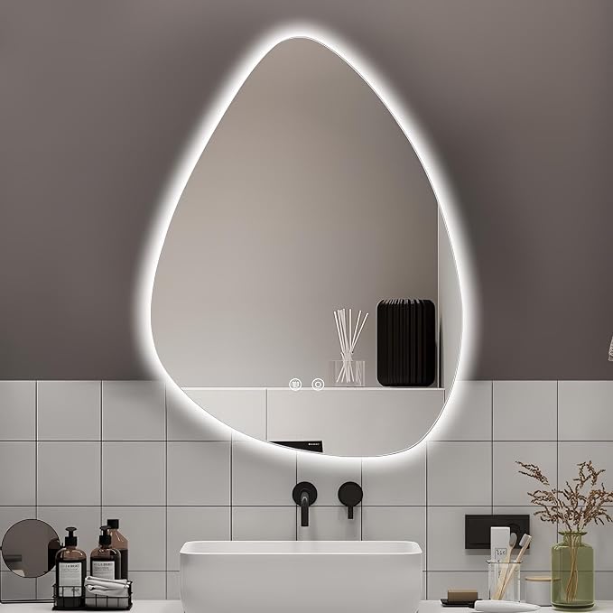 Niccy Irregular LED Bathroom Mirror, 28"x36" Asymmetrical Backlit Vanity Wall Mirrors, Frameless Lighted Mirrors for Bedroom, Living Room, Modern Smart-Mirror with Anti-Fog, Dimmable, Memory Function