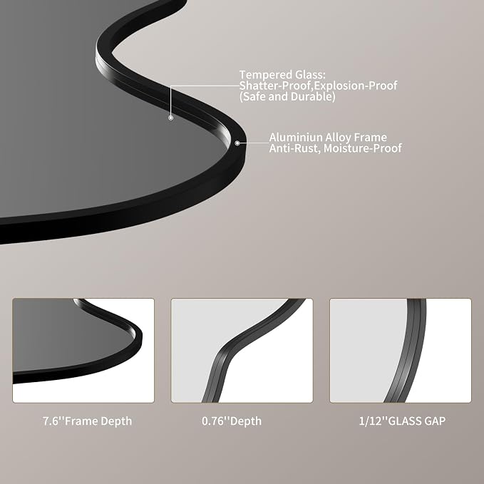 Irregular Wavy Wall Mirror Asymmetrical Shaped Aluminum Alloy Framed Big Unique Full Length Mirror for Living Room Bathroom Bedroom Entryway Fireplace (Black, 47"x21")