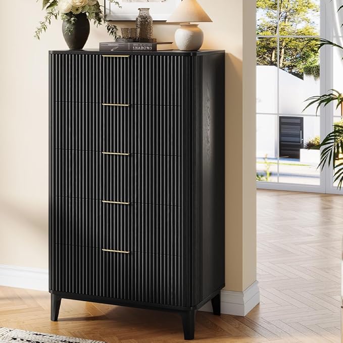 Fluted 5 Drawers Dresser for Bedroom, 45" Modern Tall Chest of Drawers with Wood Grain, Farmhouse Wooden Vertical Dresser, Curved Profile Design, Wood Drawer Organizer for Closet, Hallway Black