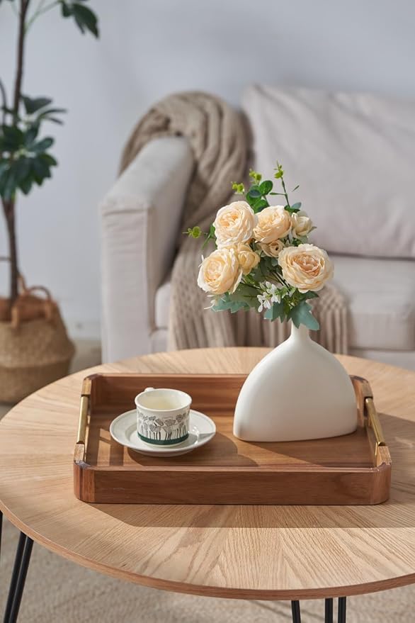 Acacia Wood Serving Tray with Handles, 17x13 Inch Ottoman Tray for Coffee Table,Candle Display,Breakfast in Bed, Large Wooden Decorative Tray with Non-Slip Pads, for Kitchen, Dining, Home Decor