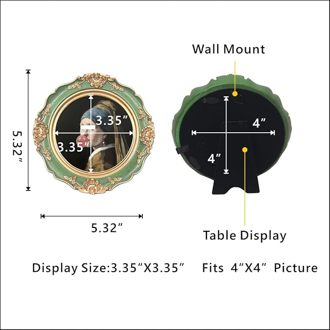 WINPLUS+ Vintage Picture Frame 4x4 Round,Luxury Antique Photo Frame With Golden Distressed Flower Furnishing, Retro Style Decor, Real Glass Front,Wall Mount and Tabletop Display, Art Gallery (4*4