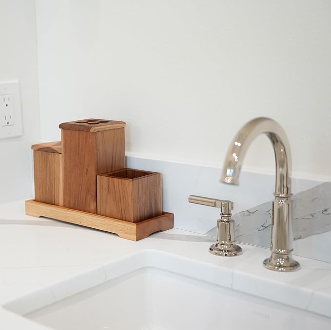 EcoDecors, Eleganto, 7 Piece, Teak Wood Bathroom Amenities Set, Teak Bath Amenity Set, Bathroom Accessory, in Natural Color
