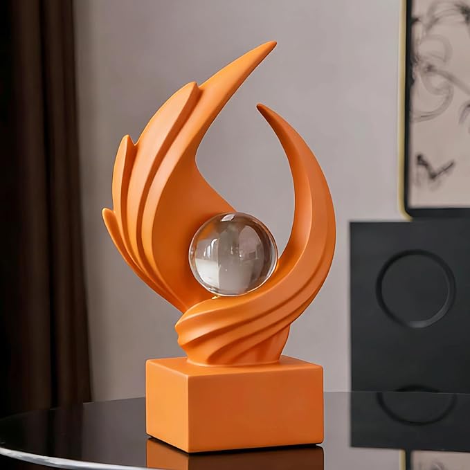 Modern Art Statue Decor, Abstract Swirl-Shaped Sculpture with Glass Ball Resin Art Figurines Centerpiece Sculptures for Home Decor Living Room Stand Coffee Table Office Bookshelf Decoration (orange)
