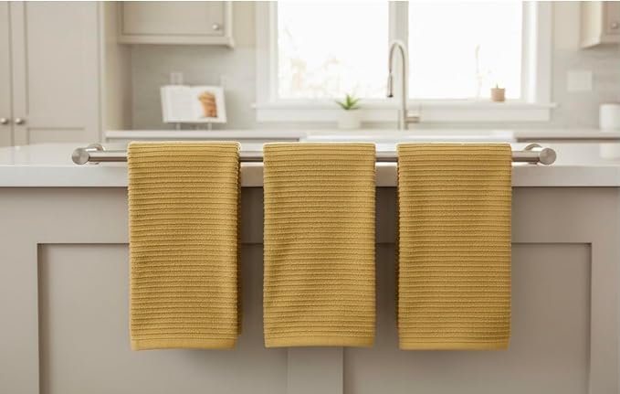 Serafina Home Mustard Yellow Ribbed Kitchen Dish Towels: 100% Cotton Cloth Soft Cleaning Drying Absorbent Terry Loop, Set of 3 Multipurpose for Everyday Use