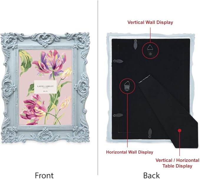 Laura Ashley 5x7 Powder Blue Ornate Textured Hand-Crafted Resin Picture Frame w/Easel & Hook for Tabletop & Wall Display, Decorative Floral Design Home Décor, Photo Gallery, Art (5x7, Powder Blue)