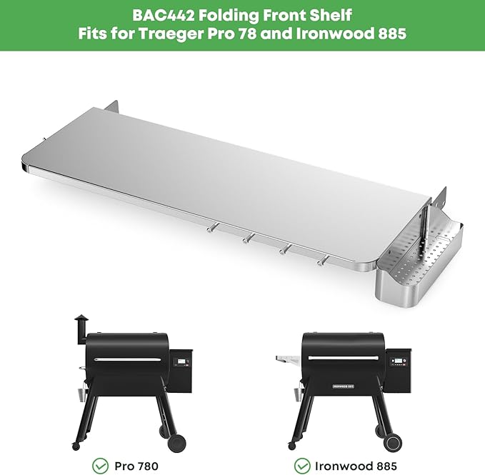 Stanbroil Stainless Steel Folding Front Shelf for Traeger Pro 780 & Ironwood 885 Pellet Grills, Upgraded Grill Shelf with Caddy Organizer, Paper Towel Holder & Hooks, Replacement for BAC442