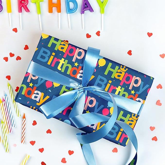 Birthday Wrapping Paper Sheet - 8 Sheets Folded Flat Gift Wrap with Colorful Hat, “Happy Birthday” Lettering, Rainbow with Clouds, Polka Dots for Party, Baby Shower - 20 X 28 Inch Per Sheet