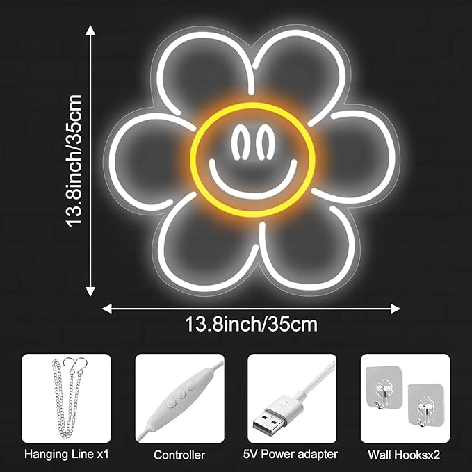 Daisy Smile Face Neon Sign, Sunflower LED Neon Light, Face Neon Signs for Wall Decor,Smile face Neon Signs for Bedroom Wall with Dimmable Switch for Children's Room,Bar, Party,Christmas,Wedding