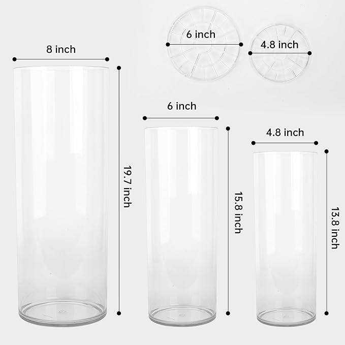 Extra Large Acrylic Cylinder Clear Vase for Floor, 20 in Tall Big Wide Mouth Plastic Unbreakable Hurricane Flower Vases of 3 for Home Decor (D 8", D 6", D 4.8" + 3 Holder)