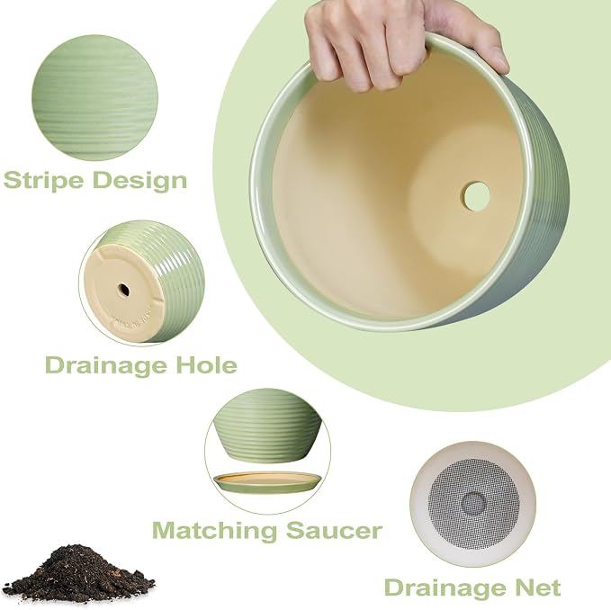 Ceramic Plant Pots - 6 Inch Ceramic Planter with Drainage Hole and Saucer, Modern Planters for Indoor Outdoor Plants, Round Flower Pots, Office House Decor, Gifts for Women Men, Bright Green