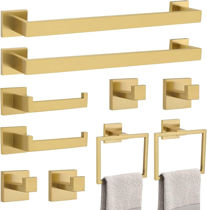 Brushed Gold 10 Pieces Bathroom Hardware Accessories Set Towel Bar Set Towel Holder&Racks Set for Bathroom,SUS304 Stainless Steel,Wall Mounted 16-Inch