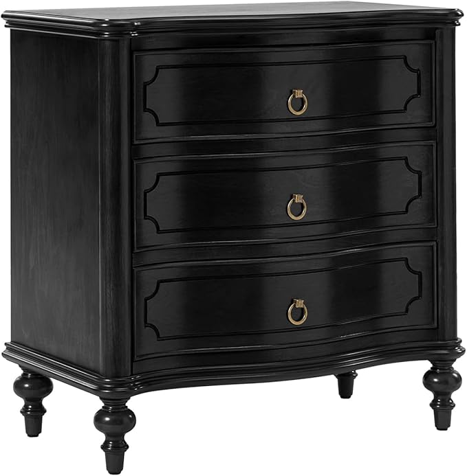 HULALA HOME Traditional Side Table with 3 Drawers, Tall Side Table with Curved Front Profle Desgin, Charging Station, Solid Wood Legs, Black