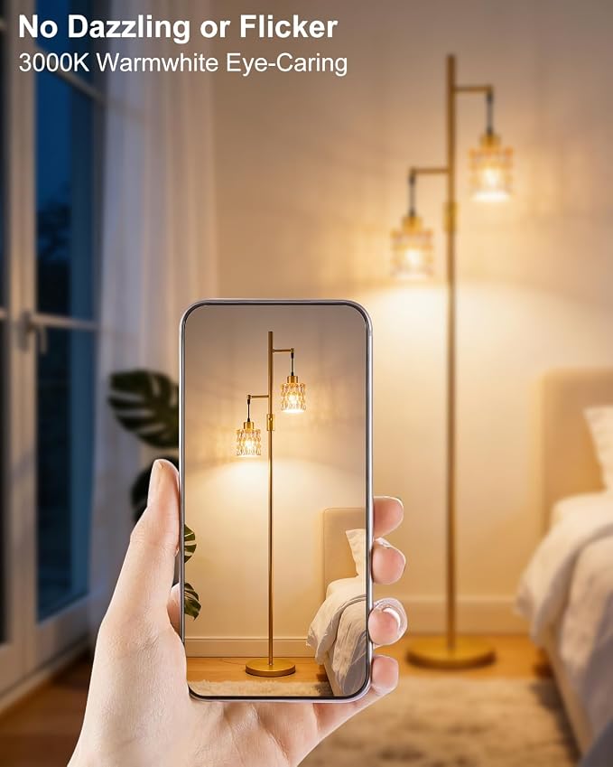 Lightdot 65IN Industrial Gold Floor Lamp for Living Room, 2- Light Amber Glass Floor Lamps with Warm White Bulbs, Modern Farmhouse Tree Standing Tall Lamp with 5Lbs Heavy Base for Bedroom Home Office