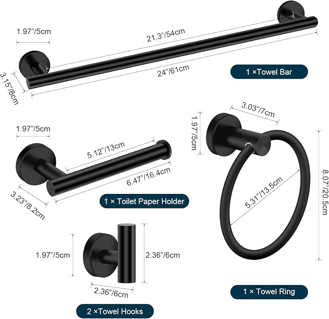 Matte Black Bathroom Hardware Set, Modern 24-Inch Towel Bar Set Wall Mounted, Towel Rack Set Black,Stainless Steel Bathroom Accessories Set Black,5-Pieces