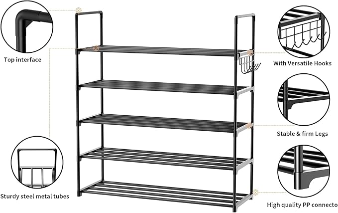 HOMICKER Metal Shoe Organizer,5 Tiers Shoe Storage Shoe Rack with Hooks,Fit 20-25 Pairs,Adjustable Shoe Shelf for Entryway,Hallway,Bedroom,Metal Bottom Support
