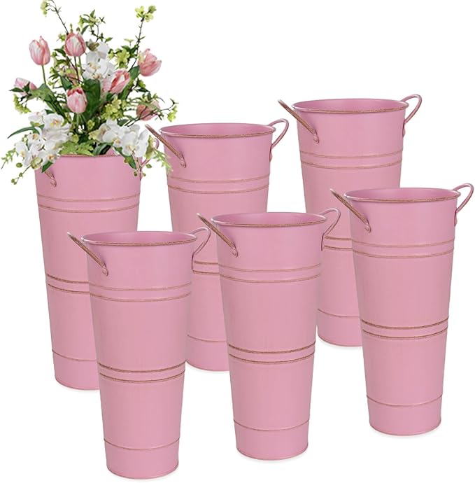 9 Inch Galvanized Metal Vases for Flowers - 6 Pcs Farmhouse Decorative Tall Flower Bucket with Handles, Rustic French Tin Planter Buckets for Wedding Decor (Pink)