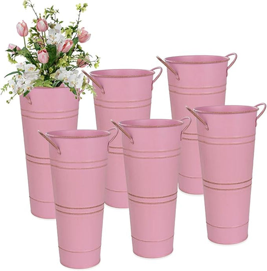 9 Inch Galvanized Metal Vases for Flowers - 6 Pcs Farmhouse Decorative Tall Flower Bucket with Handles, Rustic French Tin Planter Buckets for Wedding Decor (Pink)