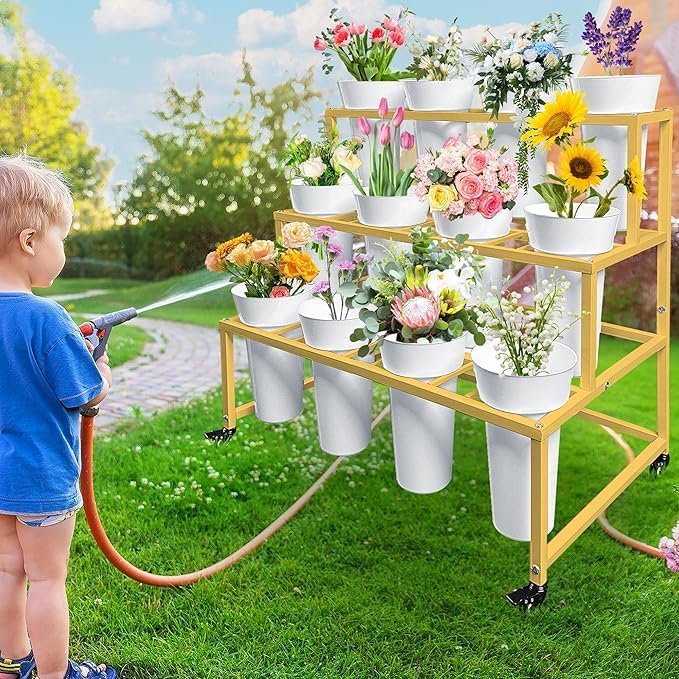 PROLEE Flower Display Stand with 12 Buckets, Flower Cart 3 Layers, Flower Stand Metal with Wheels, Moving Florist Bouquet Shelf, Rectangular Rack (Gold)