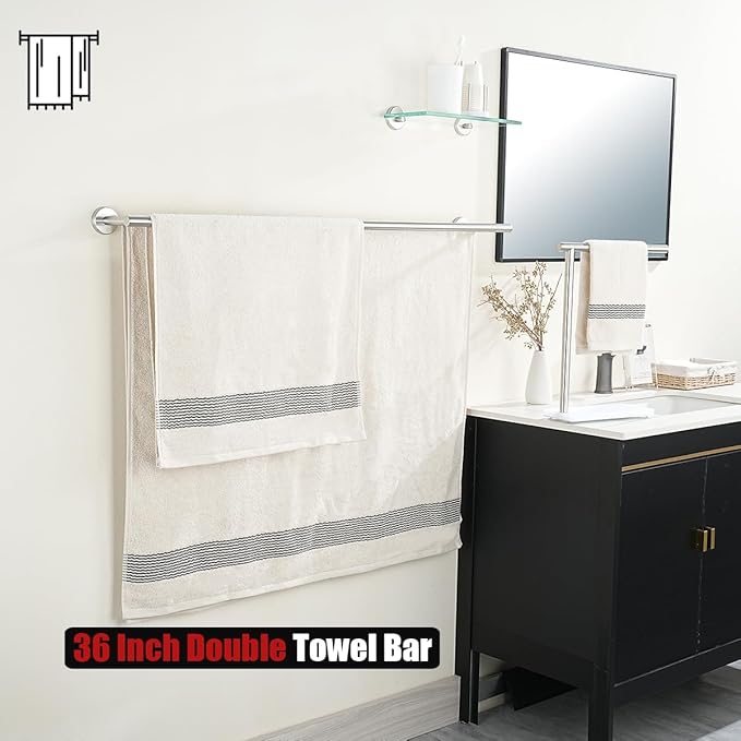 JQK Double Bath Towel Bar, 39 Inch 304 Stainless Steel Thicken 1mm Towel Rack for Bathroom, Bath Towel Holder Brushed Wall Mount, Useable Length 36 Inch, TB100L36-BN