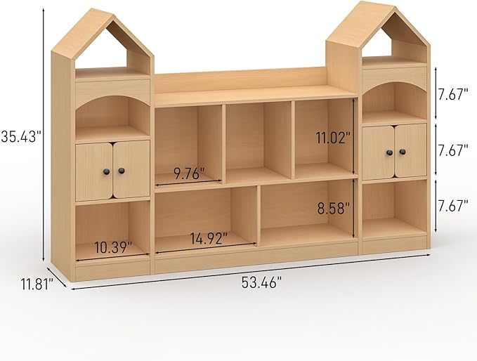 Castle Shape Children's Bookshelf, Kids Bookcase Display Case Kids Toy Storage Organizer Multifunctional Storage Cabinet Bookshelf Suitable for Playroom, Children's Room, Living Room, Oak
