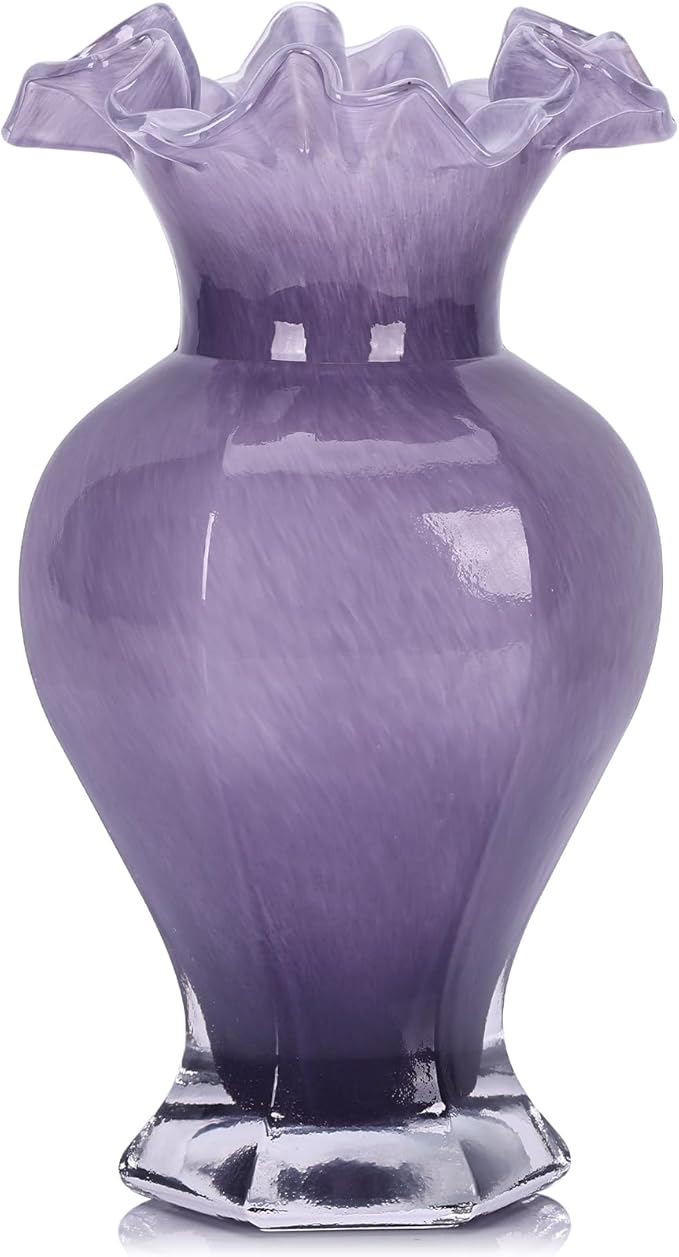 9.5" Tall Purple Glass Vase Beautiful Hand Blown Glass Decor Flowers Vases for Centerpieces, Modern Murano Glass Art Purple Vase, for Home Decor Table Entryway Wedding Decoration