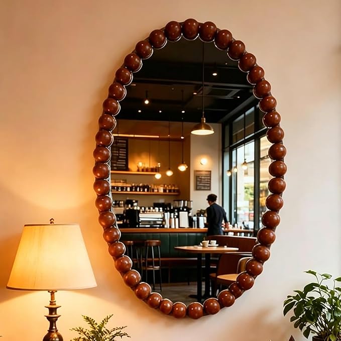 Oval Wall Mirror with Beaded Frame, 81x52cm Boho Wooden Vanity Mirror, for Bathroom, Entryway, Hallway, Living Room