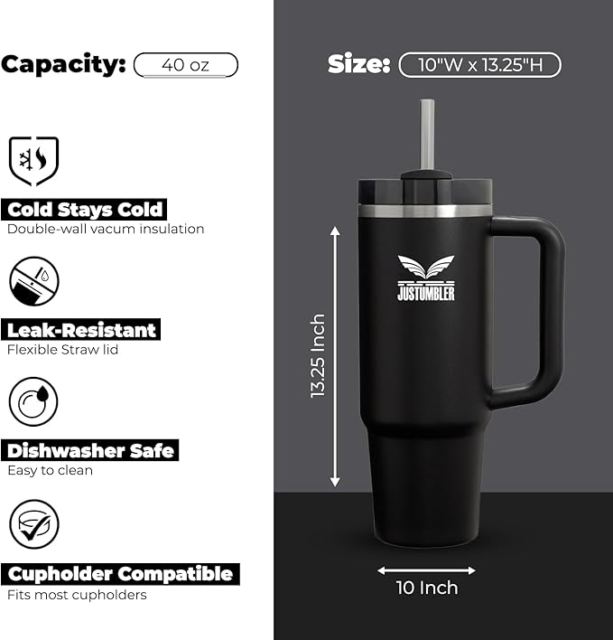 40 Oz Insulated Tumbler with Handle and Straw, Stainless Steel Coffee Travel Mug with Lid, Leak Proof Water Bottle with Accessories, Black