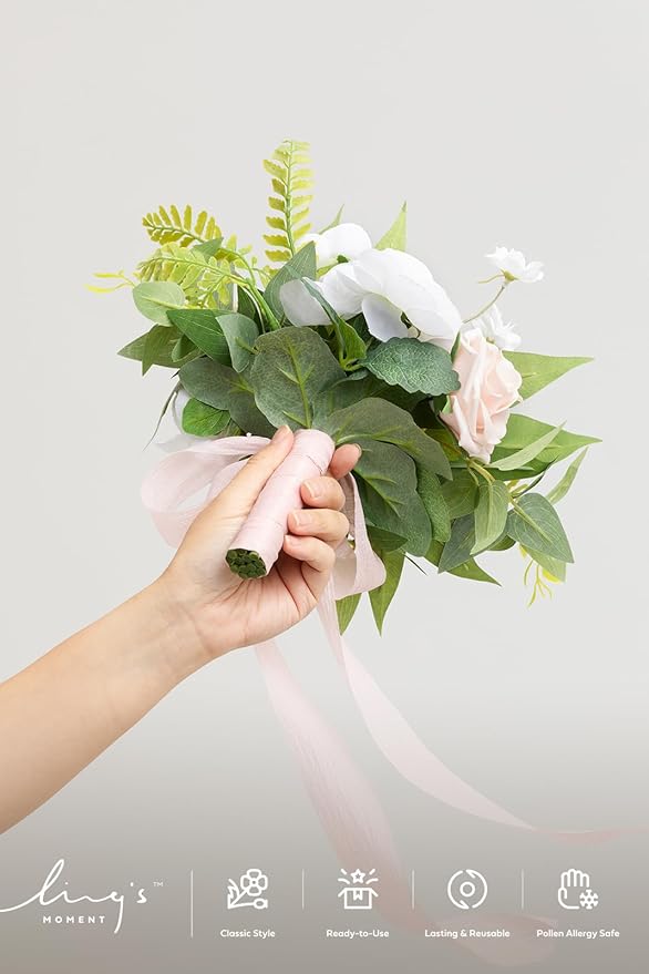 Ling's moment Blush Pink & Cream Bridesmaid Bouquet, Wedding Bouquets for Bridesmaids, 7 Inch Bridal Bouquets for Bridesmaids, Wedding, Ceremony, Anniversary, etc.