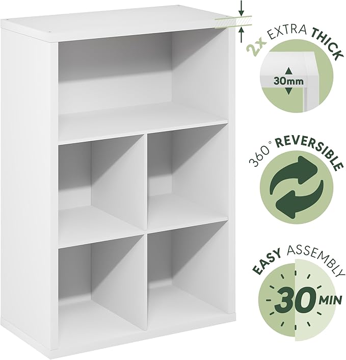 Furinno Cubicle Book Shelf, 5-Cube Bookshelf, Extra Thick Frame Cube Storage Organizer Bookcase with Closed Back, 15.3 x 29.9 x 43.3, for Living Room, Bedroom, Home Office, White