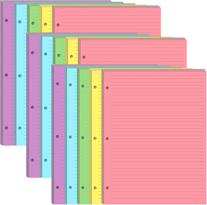 (3-Pack) Colorful 3 Hole Lined Paper - 300 Sheets/600 Pages Loose Leaf Paper Line Refills, Per Color 60 Sheets, 8.5" x 11"