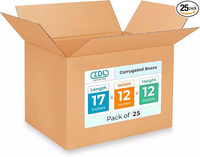 Medium Shipping & Moving Boxes 17"L x 12"W x 12"H (25-Pack) - Extra Strength 200 lb vs Regular - Corrugated Cardboard Box, Made in USA - Medium Moving Box - Packing Box by IDL Packaging