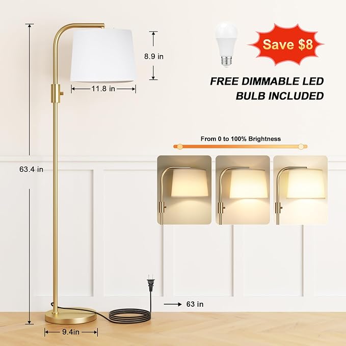 Ambimall 𝐅𝐮𝐥𝐥𝐲 𝐃𝐢𝐦𝐦𝐚𝐛𝐥𝐞 Floor Lamp - Floor Lamps with 9W 𝐋𝐄𝐃 Bulb, Standing Lamps for Living Room with Adjust Head, Modern Standing Tall Light Rotary Switch for Office(Gold and White)