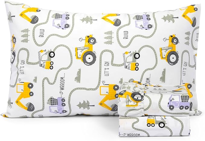 Salt Earth 100% Cotton 210TC Kids Bedsheet, Twin Sheets Set for Toddler Bed, 3 Piece Bedding Set Including Flat Sheet, Fitted Sheet, and Pillowcase, Themed Cute Sheets, Playful Kids Bed (Tractor)