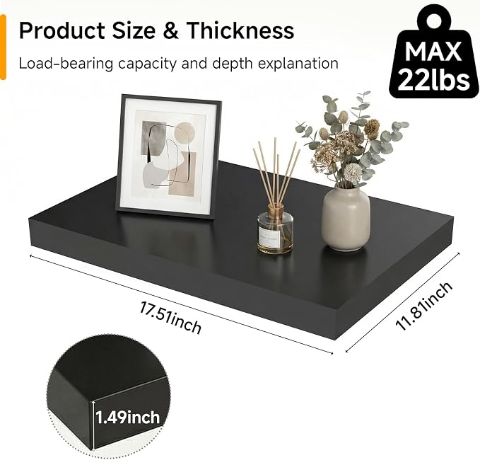 17.5in Floating Shelves for Wall, Wall Mounted Shelves for Decor Storage Set of 2, Floating Shelf for Bedroom, Bathroom, Living Room and Kitchen（Black）