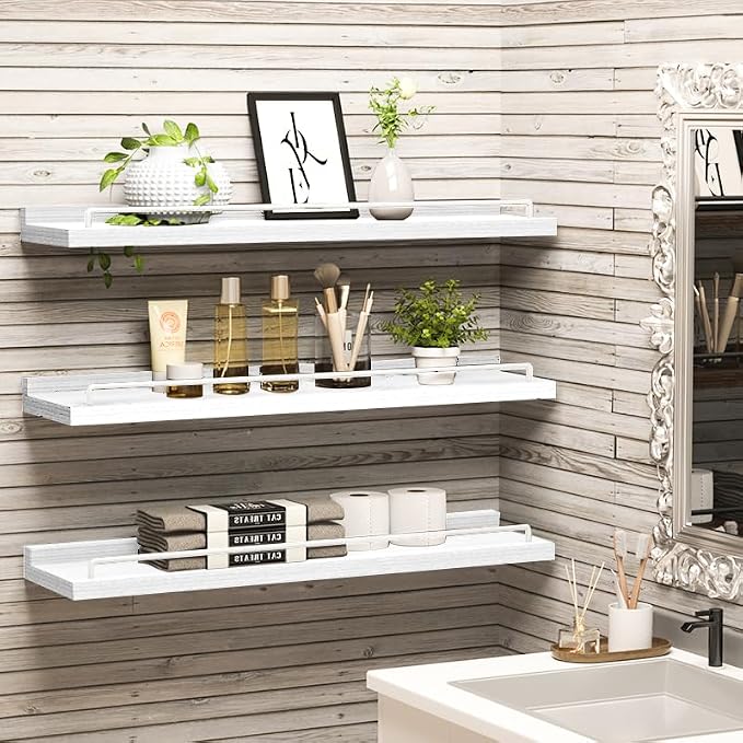 RYOFOBETTO 22 inches Long Floating Shelves, Bathroom Decor Shelves Over Toilet, Farmhouse Wall Shelves for Living Room, Bedroom, Picture Frames, Plants, Kitchen, Set of 3 (White)
