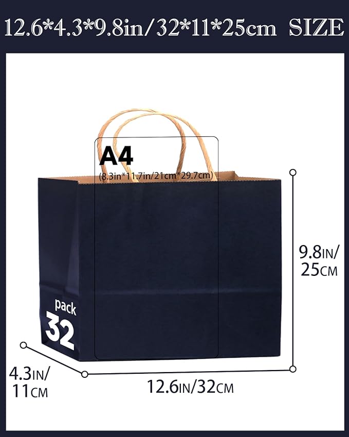 qiqee 13"x4.5"x10" Large Gift Bag with Handles Bulk 32PCS Gift Paper Bags Navy Blue Bags Multiple Uses (Wide Large)