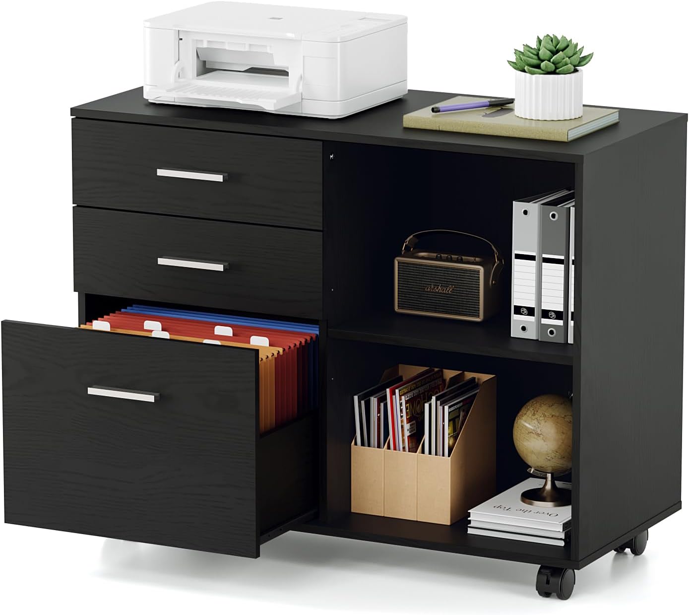 VINGLI 3 Drawer Wood Lateral File Cabinet - Adjustable Shelves & Locking Wheels | Sturdy Black Design for Home Office