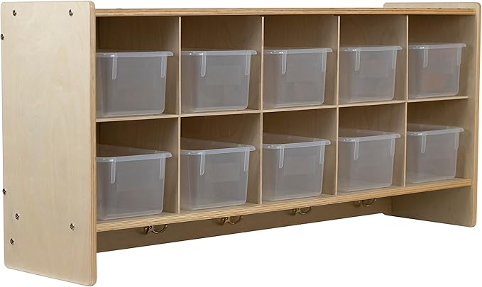 10 Section Wall Mount Classroom Storage Organizer, Cubby Shelving with Coat Locker, Translucent Trays, and Hooks for Daycare, Home, Kids Friendly Design, 21.75" High