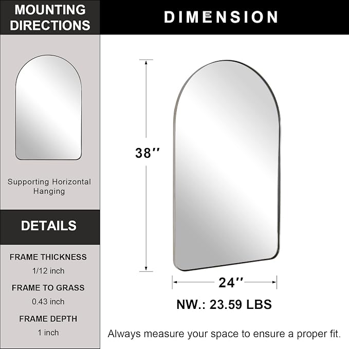 ANDY STAR Arch Mirror, 24" x 38" Arched Chrome Mirror in Stainless Steel Metal Frame, Chrome Bathroom Mirror for Wall, Arch Top Rounded Corner 1" Deep Set Design Wall Mount Hangs Vertical