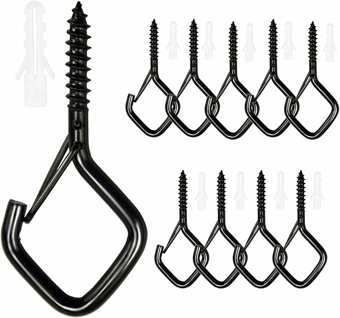 Sexoeie 10PCS Eye Screw Hooks for Hanging Heavy Duty with Safety Buckle.Metal Ceiling Hooks for Hanging Plants,Cup,Wind Chime,Bird Feeders,String Lights at Indoor&Outdoor,2.36 Inches Black