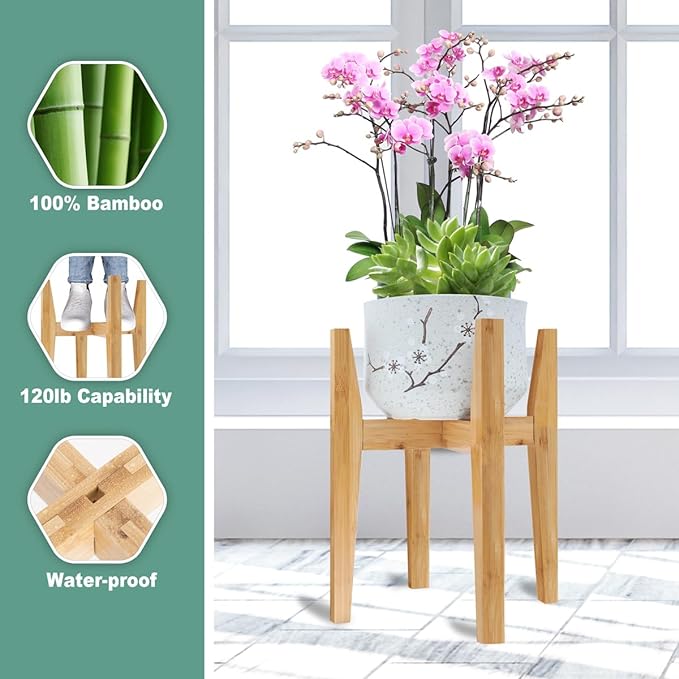 Rnined Plant Stand Indoor, Bamboo Plant Shelf, Adjustable Corner Plants Flower Holders Single Floor Plant Stand, Fits 8 to 12 Inches Pots,(Pot & Plant Not Included)(Nature)