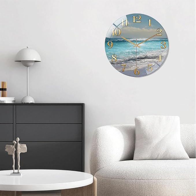 12 Inch Ocean Beach Glass Wall Clock Silent Coastal Art Decor | Silent glossy wall clock featuring a stunning ocean beach scene, perfect for adding a coastal vibe to living room or bedroom