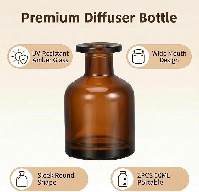 2 Pcs 50ml 1.7oz Glass Aromatherapy Diffuser Bottles Diffuser Jars Essential Oils Jar Containers Flower Bud Vases DIY Replacement Aromatherapy Diffuser Crafts Fragrance Accessories(Amber)