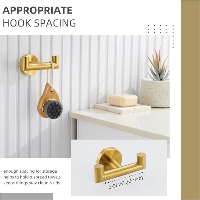 Angle Simple Bathroom Double Hook Brushed Dark Gold, SUS304 Stainless Steel Bath Towel Holder, Double Robe Hanger Wall Mount